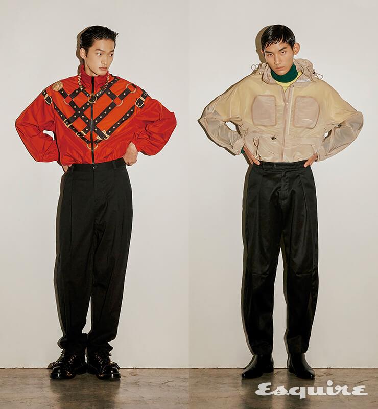 (왼쪽) 윈드브레이커, 팬츠, 부츠, 목걸이 모두 가격 미정 베르사체. (오른쪽) 윈드브레이커, 노란색 티셔츠, 초록색 터틀넥 톱, 검은색 팬츠, 부츠 모두 가격 미정 지방시.