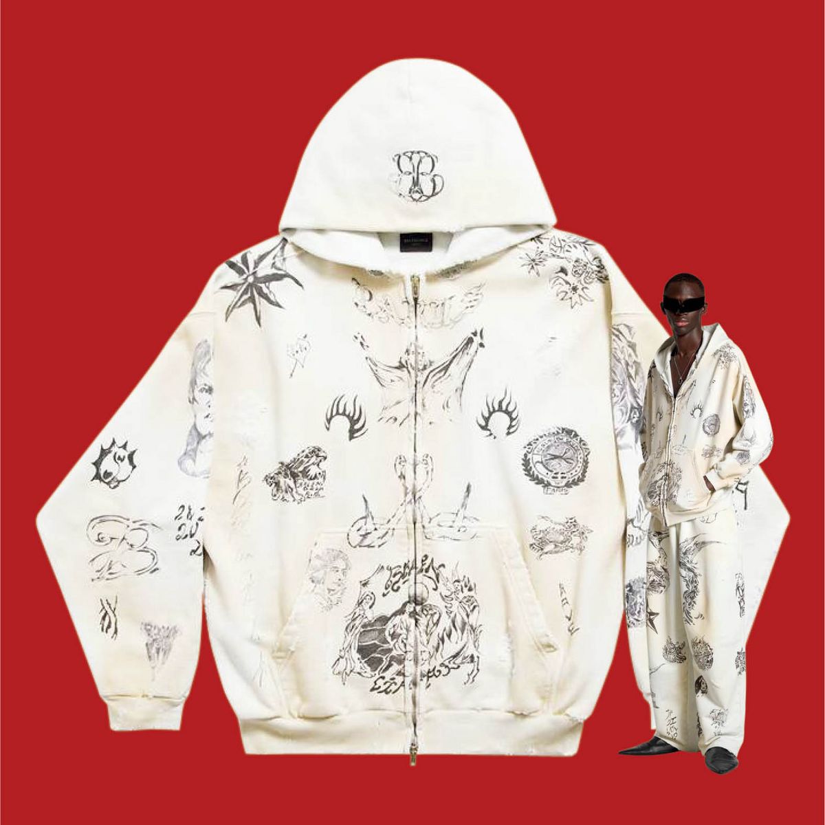 BALENCIAGA tat zip-up hoodie & tat baggy sweatpants