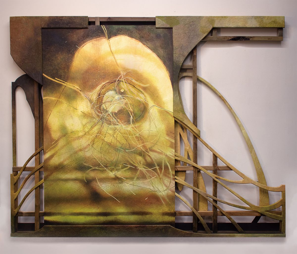Park Rim, ‘Murus’, Oil and pigment on Korean paper, birch tree, decomposed lumber. Courtesy of the artist.