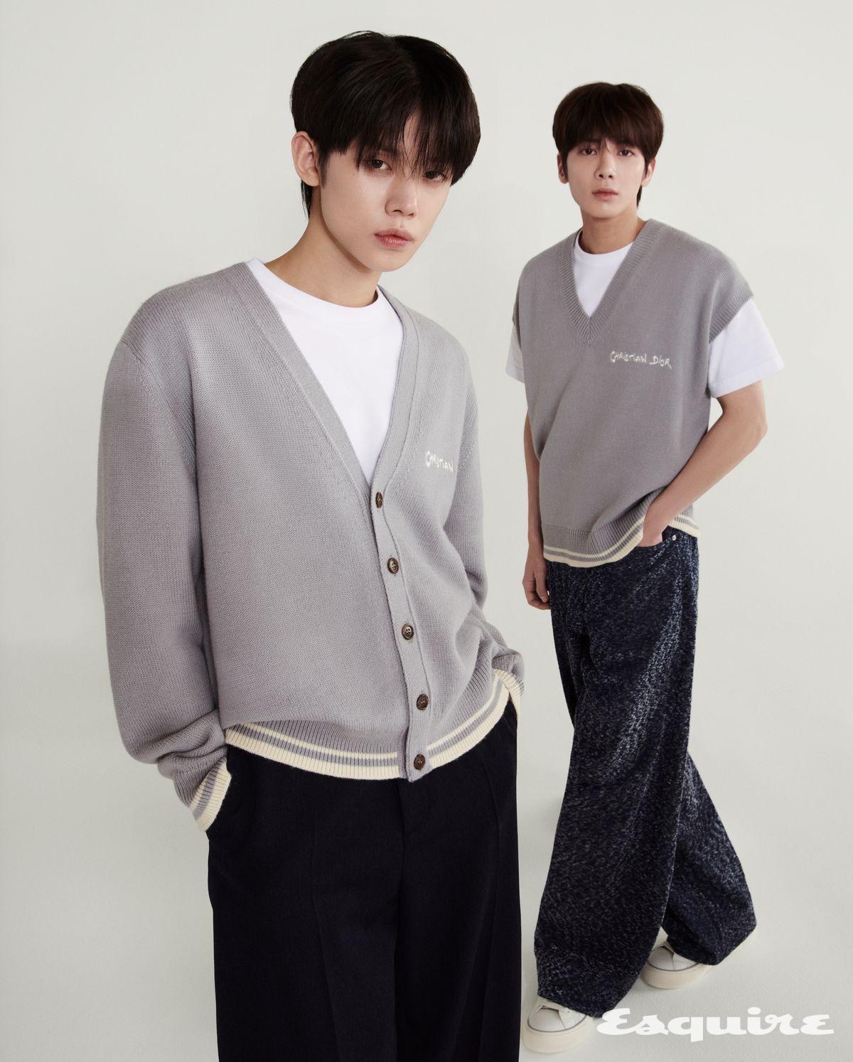 (연준) 그레이 울 브이넥 카디건, 화이트 코튼 티셔츠, 블랙 팬츠 모두 디올 맨. (태현) 그레이 울 브이넥 스웨터 베스트, 화이트 코튼 티셔츠, 데님 팬츠, B33 스니커즈 모두 디올 맨.