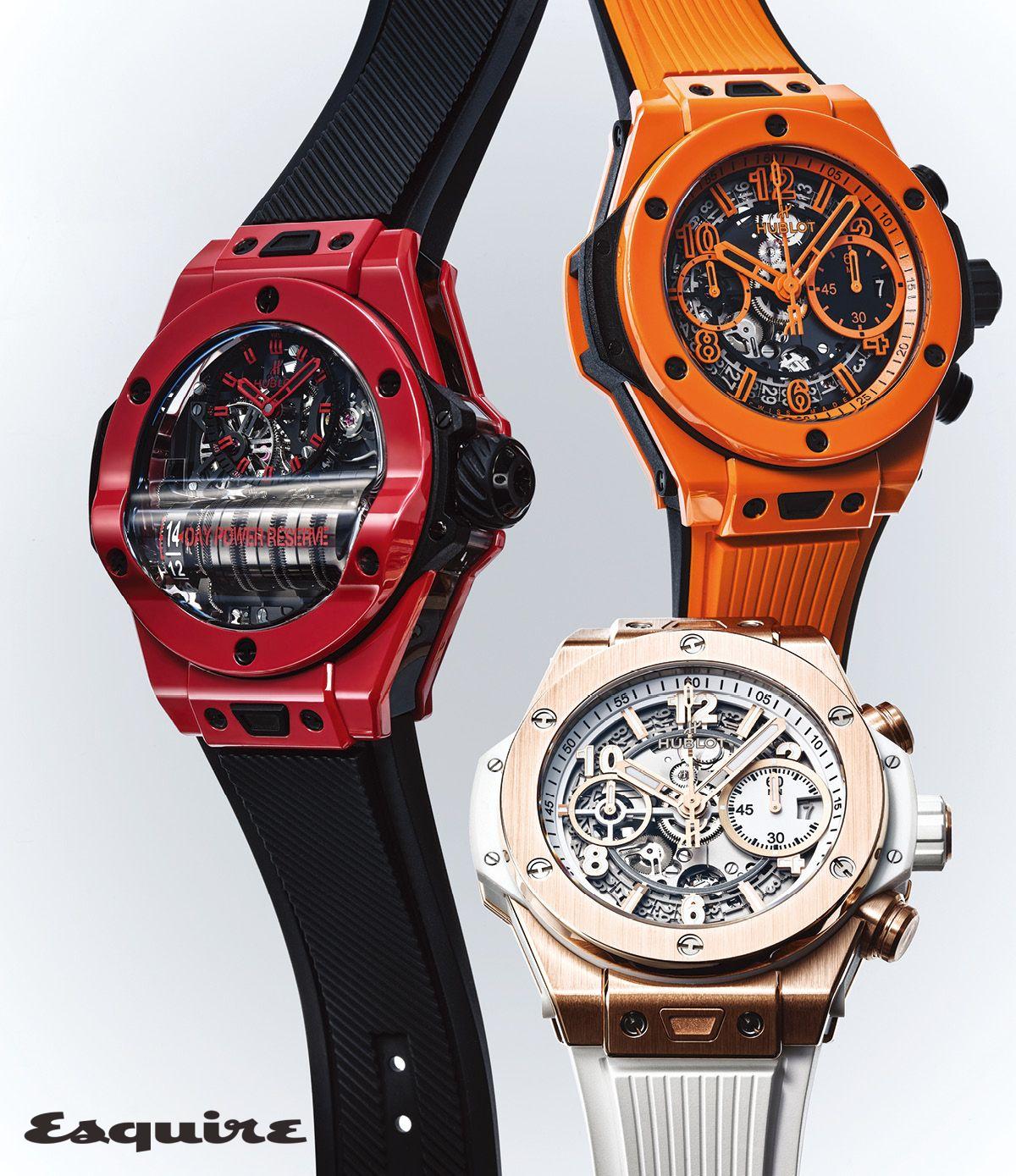 7개의 배럴 구조를 따라 곡선을 이루는 45mm 사이즈의 레드 세라믹 케이스가 특징인 빅뱅 MP-11 파워 리저브 14 데이즈 레드 세라믹 1억원대 위블로. 선명한 컬러로 완성한 42mm 빅뱅 유니코 오렌지 세라믹 4000만원대 위블로. 42mm 킹 골드 케이스에 HUB1280 유니코 셀프와인딩 무브먼트를 장착한 빅뱅 유니코 킹 골드 화이트 6000만원대 위블로.