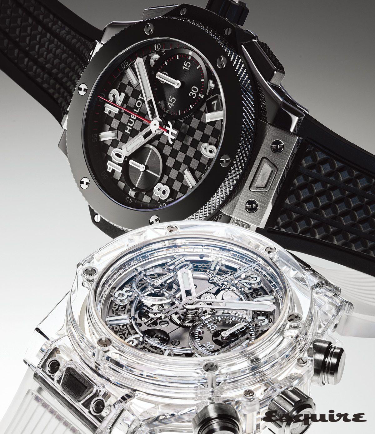 티타늄 케이스와 블랙 세라믹 베젤로 견고함을 더한 43mm 빅뱅20주년 기념 티타늄 세라믹 3000만원대 위블로. 투명한 사파이어 케이스를 통해 무브먼트를 드러내는 빅뱅 유니코 사파이어 1억원대 위블로.