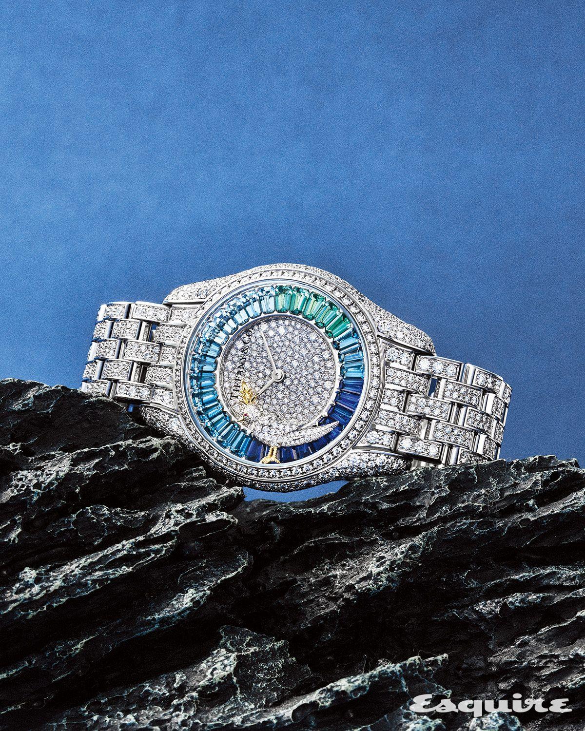 총 5캐럿, 991개의 라운드 브릴리언트 다이아몬드를 케이스와 브레이슬릿에 촘촘하게 장식한 쟌 슐럼버제 바이 티파니 버드 온 어 락 워치 가격 미정 티파니.