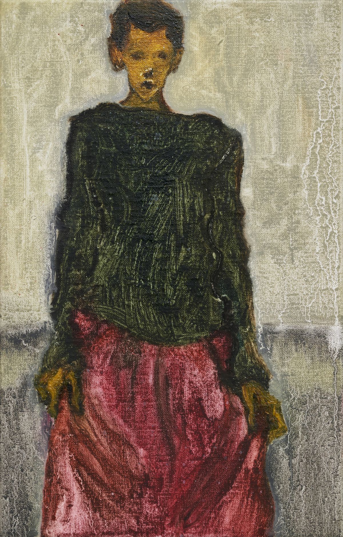 알마 펠트핸들러, ‹치마(Jupe)›, 2025. 린넨에 목탄, 유채, 22 x 14 cm. Alma Feldhandler, Jupe, 2025. charcoal and oil on linen, 22 x 14 cm.