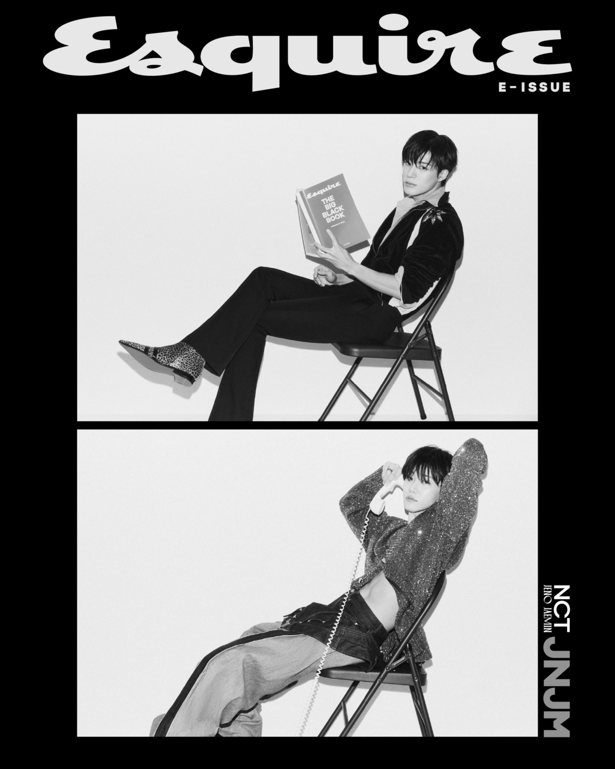 (위) 제노가 찬 네크리스는 돌체 앤 가바나. 셔츠, 재킷, 팬츠, 신발 모두 발렌티노. (아래) 재민이 입은 팬츠 준지, 슈즈 드리스 반 노튼, 가디건은 스타일리스트 소장품. 오른손 약지에 낀 반지 비부스(VIVUS), 검지에 낀 반지 로우하이드(RawHyde) 왼손 검지와 약지에 낀 반지 스반달. 중지에 낀 반지 비부스.