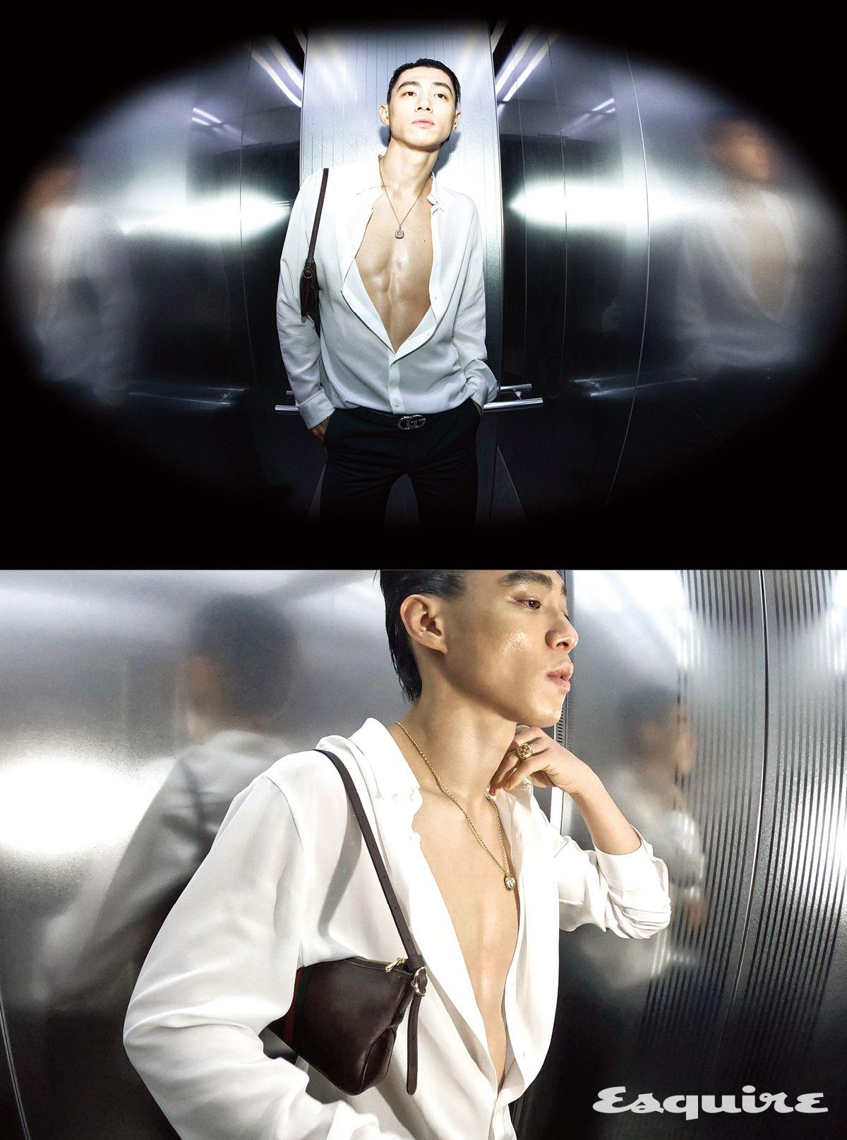 실크 드레이프 드 신 셔츠, 실크 트윌 팬츠, 루네타 스몰 백, 실버 플랫 GG 마몽 벨트, 구찌 크레스트 펜던트 네크리스, 구찌 크레스트 시넷 링 모두 구찌.