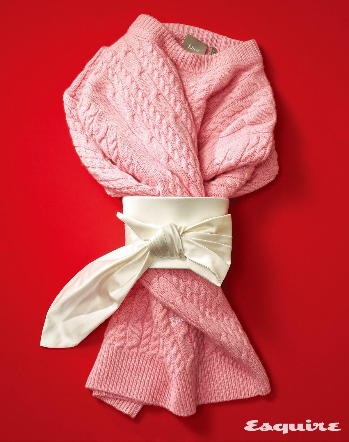 화사한 핑크 케이블 맨 스웨터, 실크 맨 보타이 모두 가격 미정 디올.