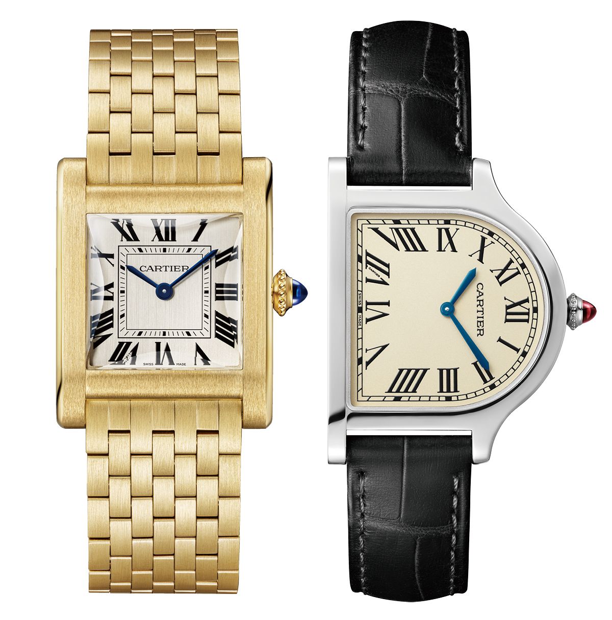 까르띠에는 프리베 컬렉션을 통해 매년 새로운 도전을 계속한다. 오랫동안 보존되어 온 유산에 연금술사와도 같은 메종 장인들의 독보적인 기술력이 더해져 진귀한 오브제로 탄생한다. 왼쪽은 2023년 선보인 탱크 노말 워치, 오른쪽은 2021년 선보인 클로쉬 드 까르띠에 워치. ⓒ Cartier 