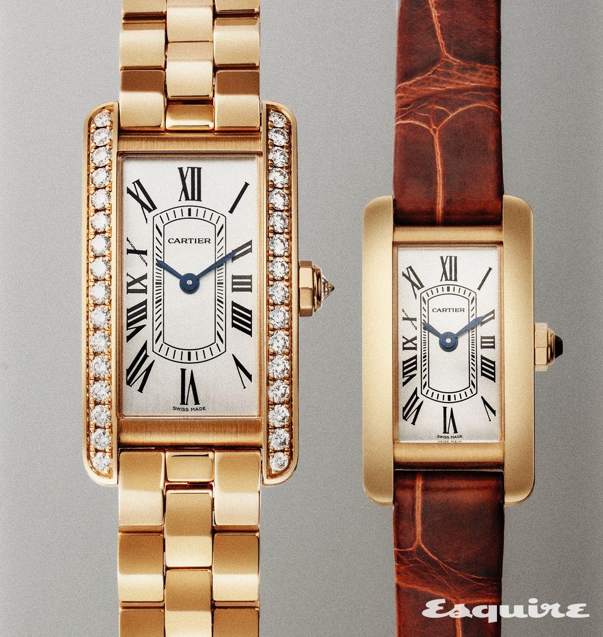 브릴리언트 컷 다이아몬드가 세팅된 탱크 아메리칸 핑크 골드 스몰, 핑크 골드 케이스에 다크 브라운 엘리게이터 가죽 스트랩를 적용한 탱크 아메리칸 미니.