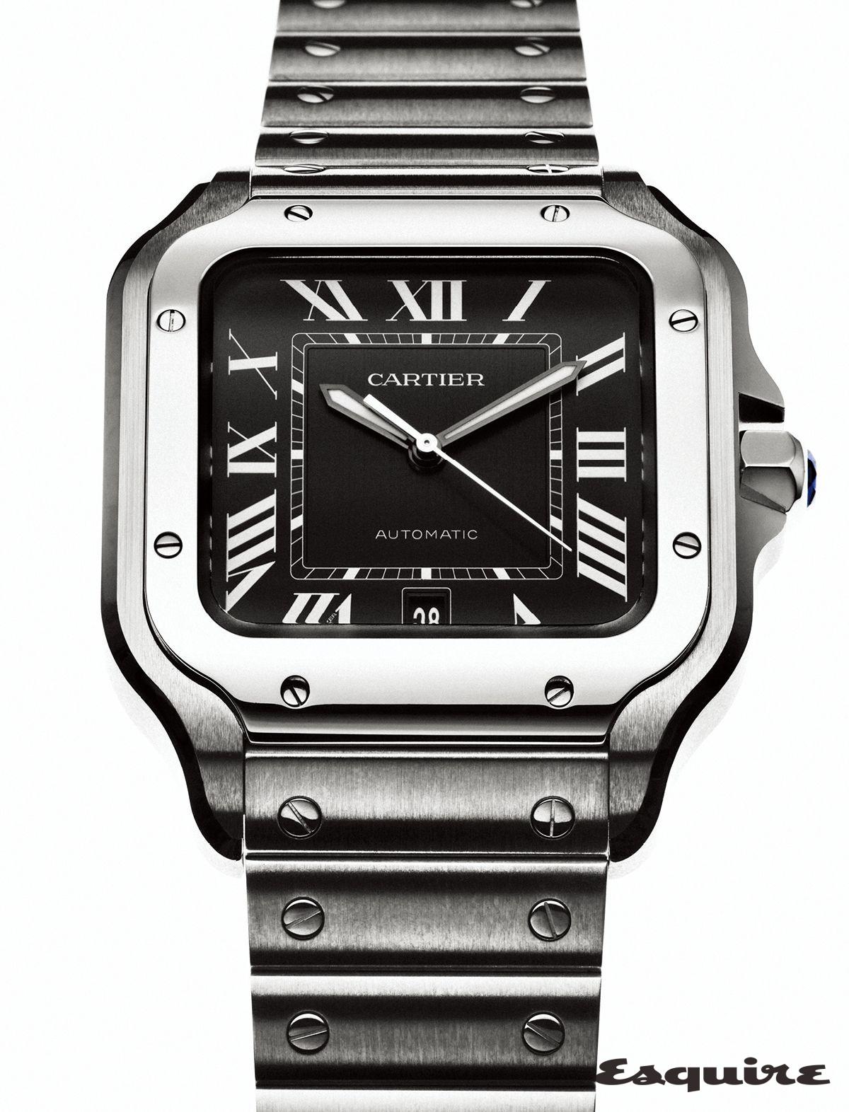 블랙 다이얼에 선명한 로마숫자 인덱스가 자리한 산토스 드 까르띠에 스틸 라지. 오토매틱 무브먼트 1847 칼리버로 구동된다.