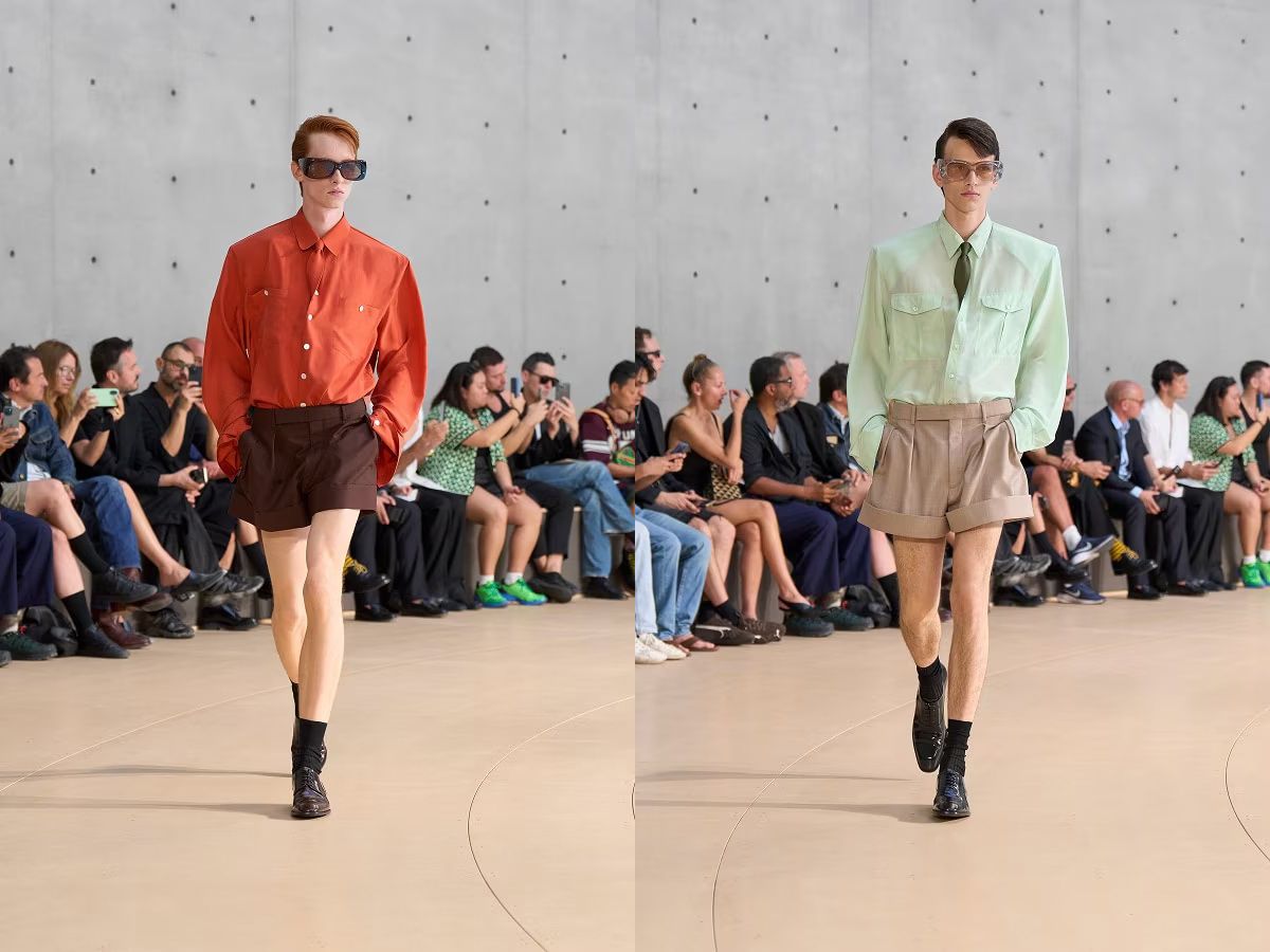 비비드한 셔츠와 여유있는 핏으로 단정한 마이크로 쇼츠룩을 제안한 2026 S/S 생로랑 컬렉션 / 이미지 출처: 입생로랑 공식 홈페이지