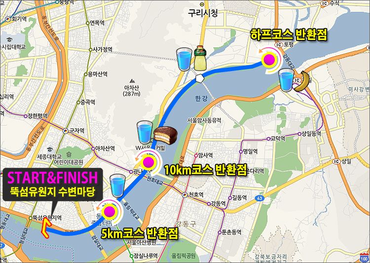 뚝섬한강공원에서 출발하여 강동대교까지 이어지는 하프 코스가 있다. / 출처: 패밀리 런 페스타 홈페이지