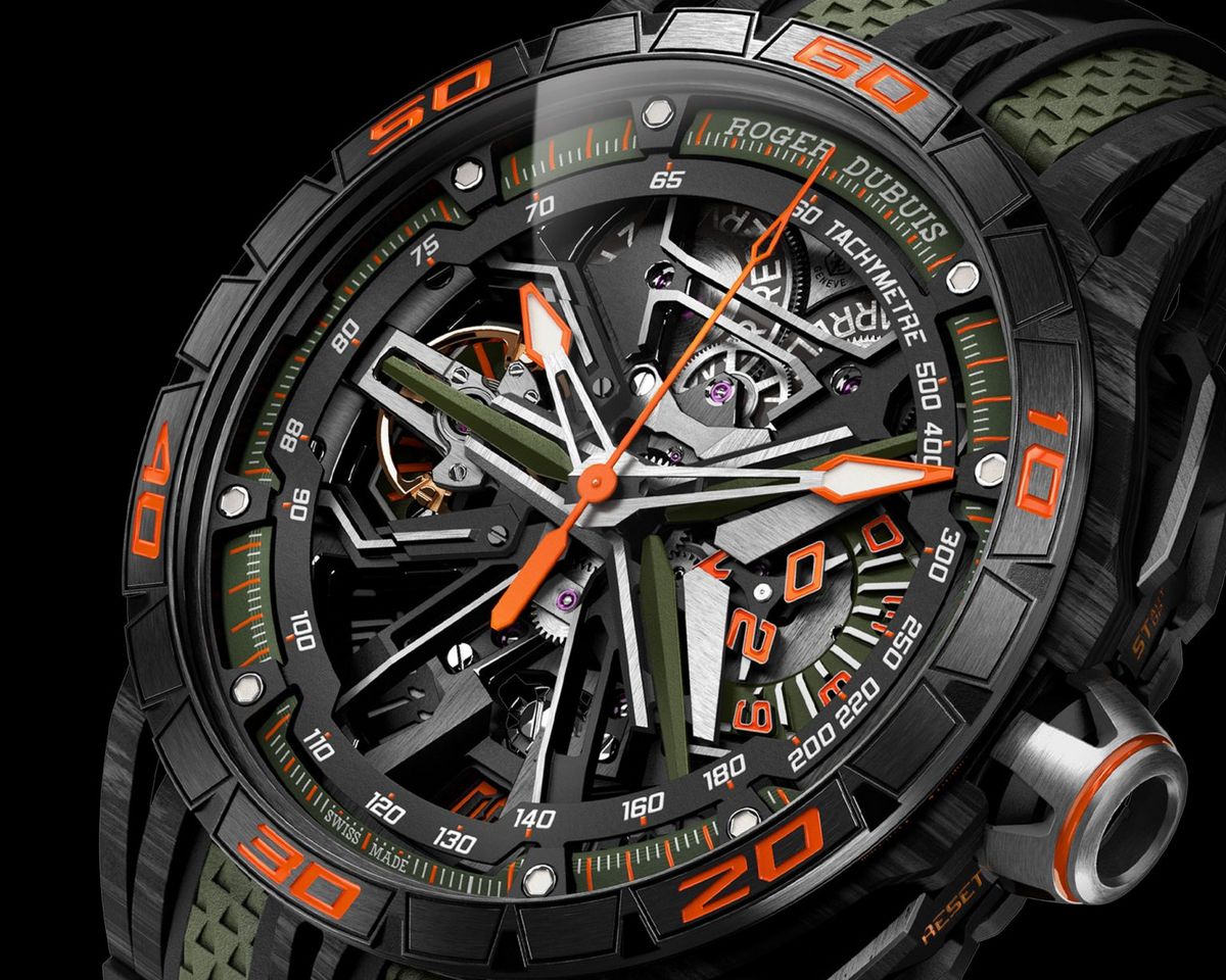 레부엘토의 헤드라이트를 오마주한 Y자형 바와 120° 로테이팅 미닛 카운터가 돋보이는 다이얼 디테일 / 이미지 출처 : 로저드뷔