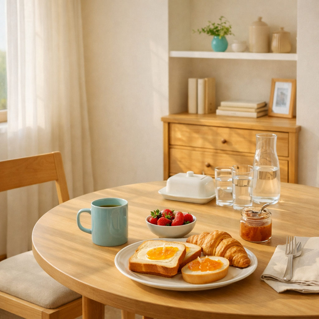 아침 루틴이 적힌 메모와 커튼 옆 협탁 위의 물컵 / 이미지 출처: 본문 내용을 기반으로 생성한 챗지피티 이미지
