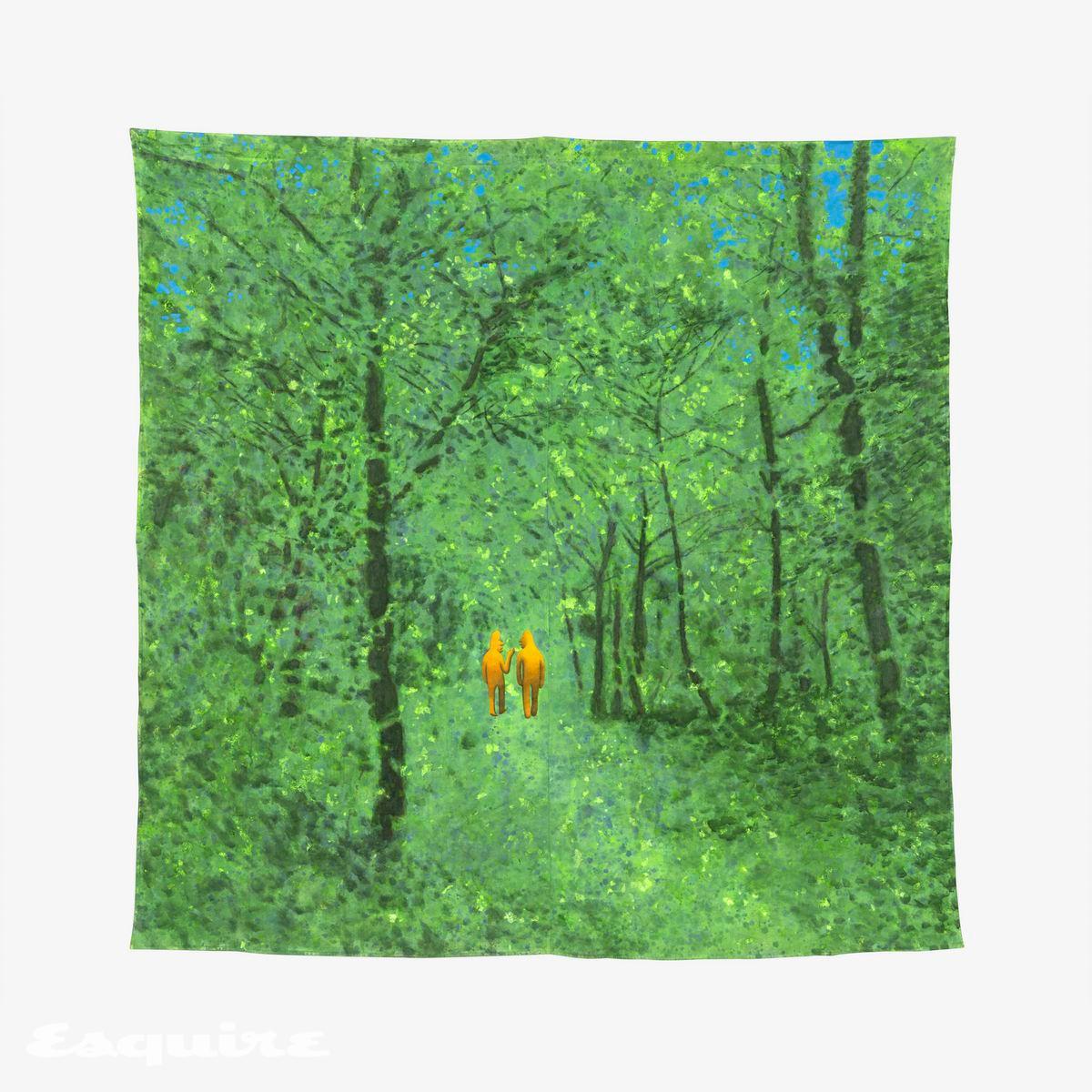 이우성, '숲속에서 두 사람', 2024-2026, 천 위에 아크릴릭 라텍스, 아크릴릭 과슈, 아크릴릭, 한지, 210 x 213cm.