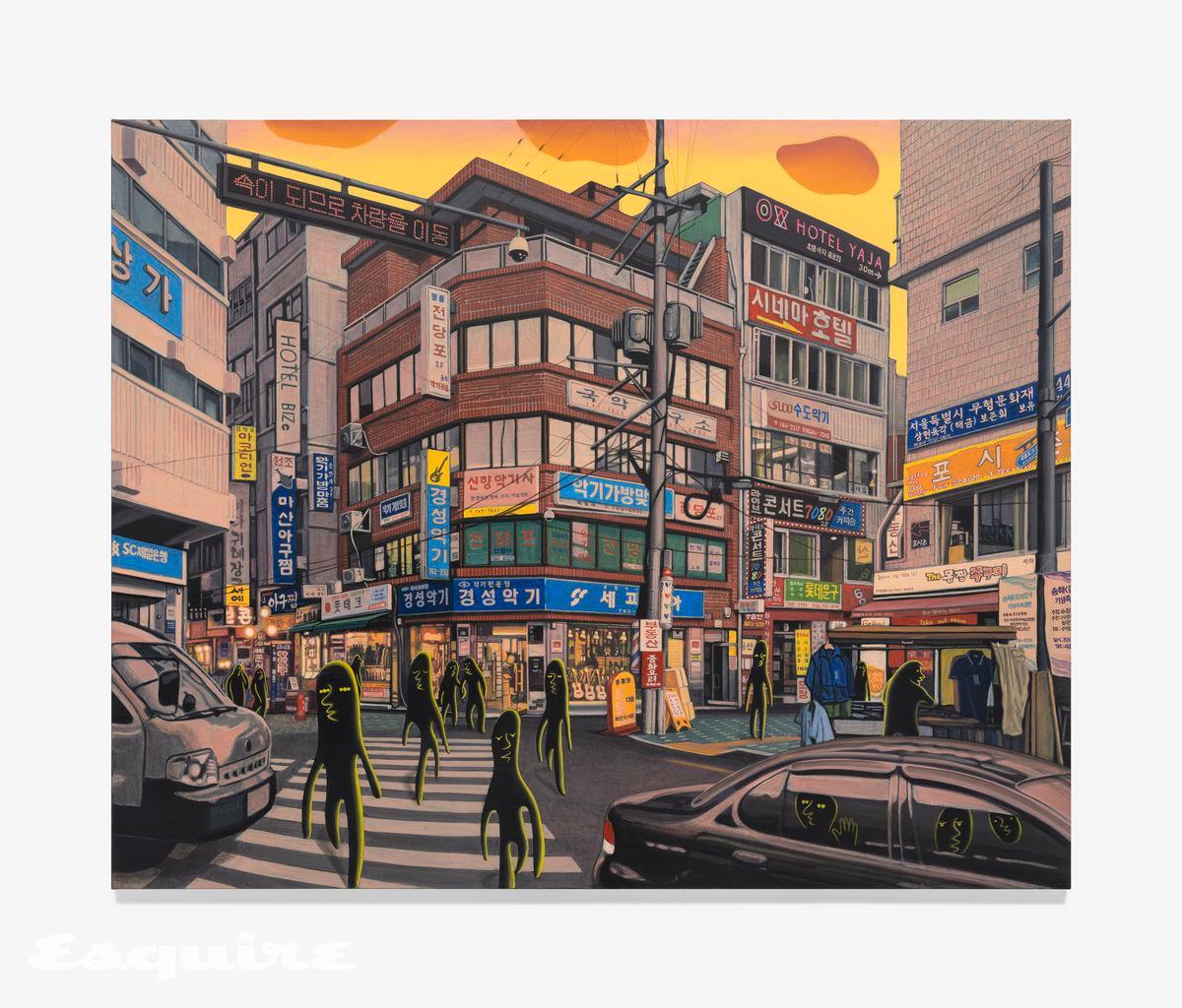 이우성, '종로3가역 5번 출구로 나오면 내가 보일 거야', 2024-2026, 캔버스에 아크릴릭, 아크릴릭 과슈, 130.5 x 162.5cm.