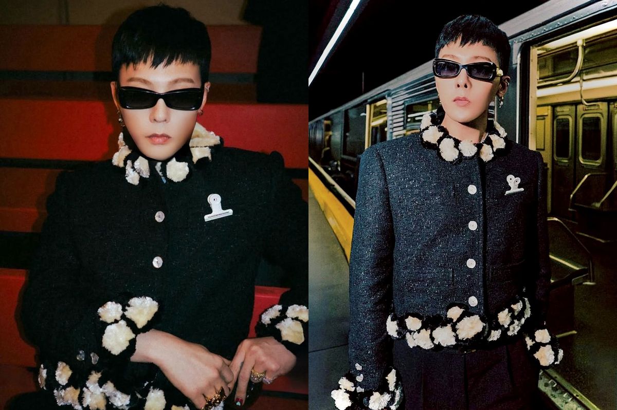 남성 트위드 자켓 패션의 시초로 불리는 지드래곤. 크롭 기장의 블랙 트위드 자켓을 위트있게 풀어냈다. / 이미지 출처: 인스타그램 @xxxibgdrgn 