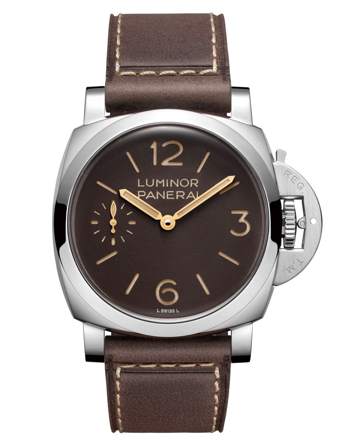 워치스앤원더스 2026에서 공개한 루미노르 PAM01731. 크라운 프로텍팅 브리지와 샌드위치 다이얼 등 파네라이의 핵심 요소를 담았다.