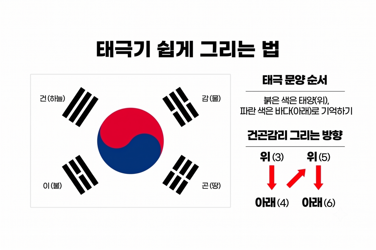건곤감리의 위치를 쉽게 기억하고 태극기를 올바르게 그릴 수 있도록 정리한 방법. / 이미지 출처: 오산시 네이버 블로그