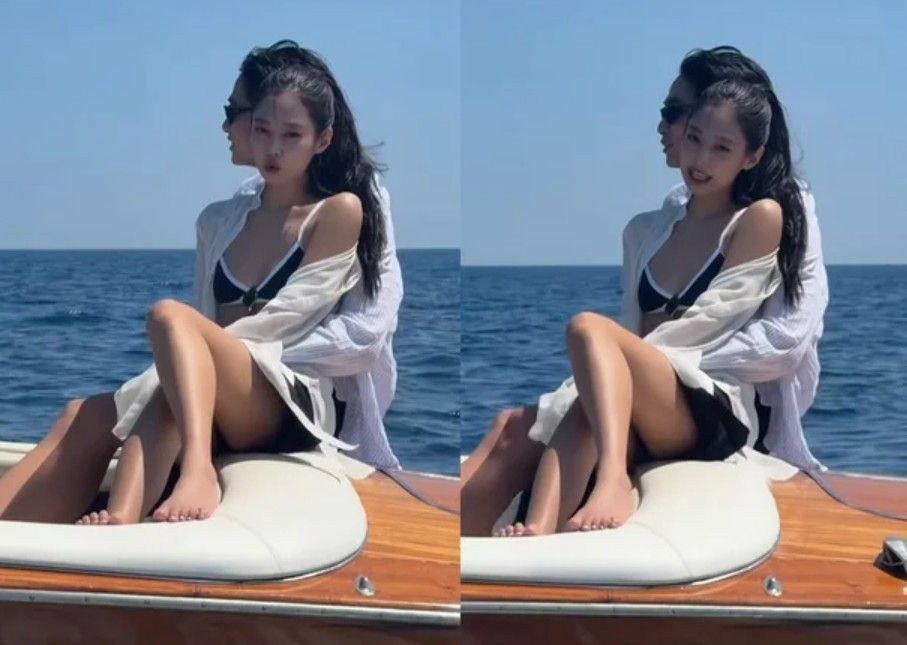 블랙 스윔웨어 위에 화이트 셔츠를 걸쳐 커버업으로 연출한 제니 / 이미지 출처 : 제니 뮤직비디오 <Less than a Lover>