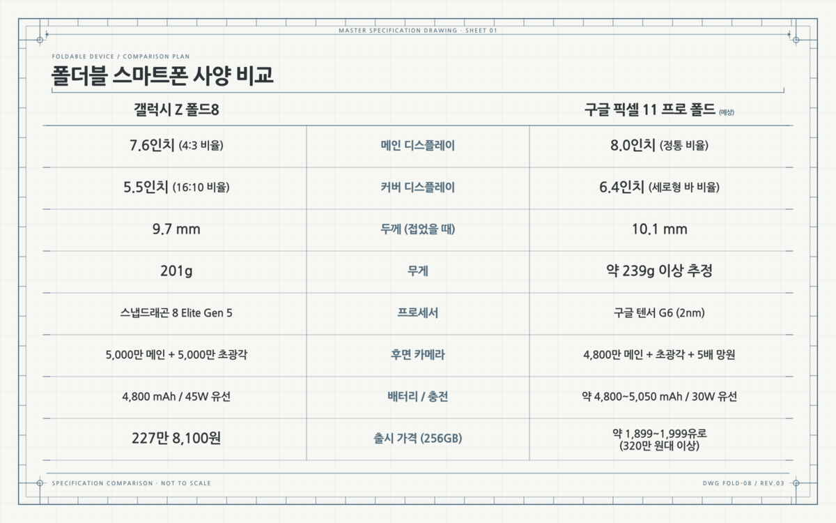 갤럭시 Z 폴드 8과 구글 픽셀 11 프로 폴드의 스펙을 비교한 표 / 이미지 출처: 생성형 AI