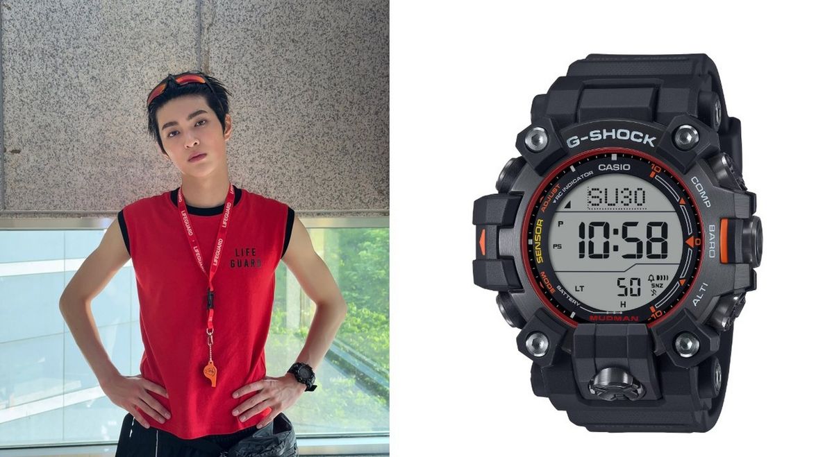 스포티한 라이프가드 룩을 완성한 코르티스 건호의 시계는 지샥 머드맨 ‘GW-9500MEC-1’. 방진 구조와 트리플 센서, 무선 제어 태양광 기능을 갖춘 터프한 매력의 모델입니다. / 이미지 출처: @cortis, 카시오