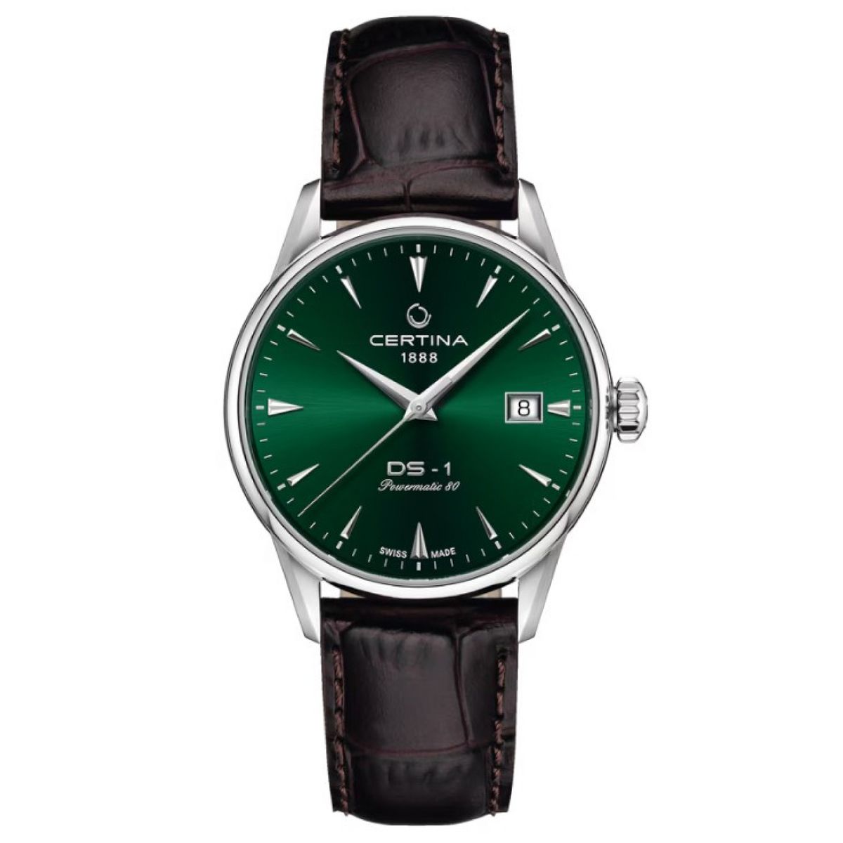 38mm 스테인리스 스틸 케이스에 가죽 스트랩을 매치한 세르티나 DS-1 38mm 그린 다이얼. / 이미지 출처: 세르티나