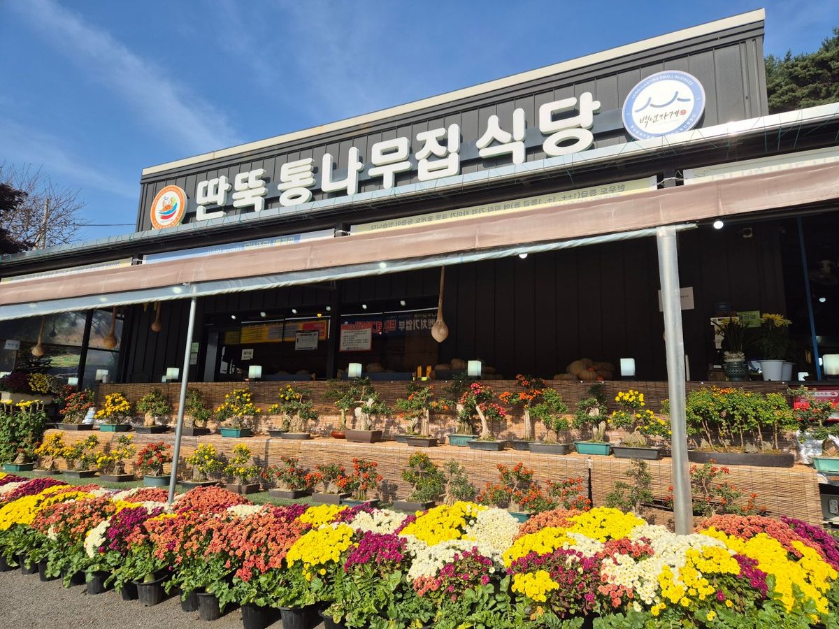 태안 딴뚝통나무집식당의 외관과 가을 꽃게를 푸짐하게 담아낸 요리. 묵은지와 꽃게의 감칠맛을 함께 즐기는 게국지가 대표 메뉴다. / 이미지 출처: 업체 제공