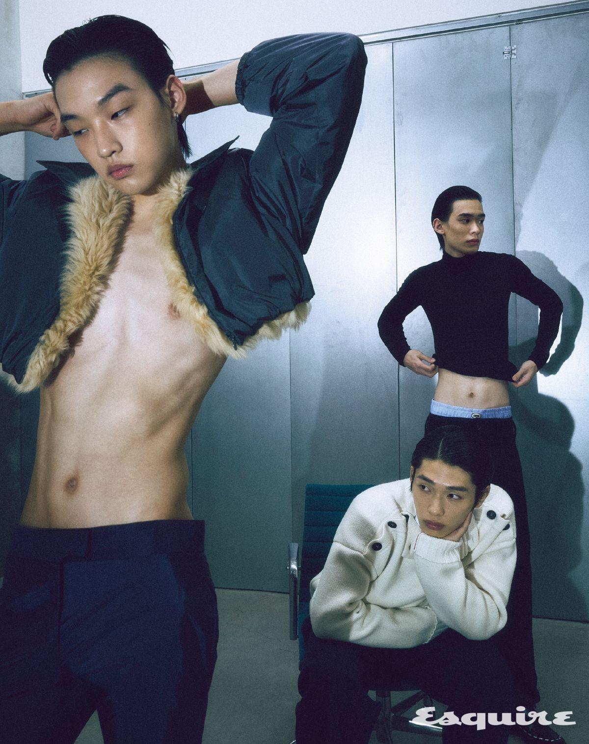 그레이 시어링 블루종, 네이비 테크니컬 패브릭 팬츠 모두 가격 미정 미우미우. 버튼 디테일의 화이트 스웨터, 화이트 셔츠, 네이비 릴랙스 테일러드 팬츠 모두 가격 미정 페라가모. 블랙 하이넥 톱 가격 미정 셀린느. 블랙 울 팬츠, 블루 복서 모두 가격 미정 아미.
