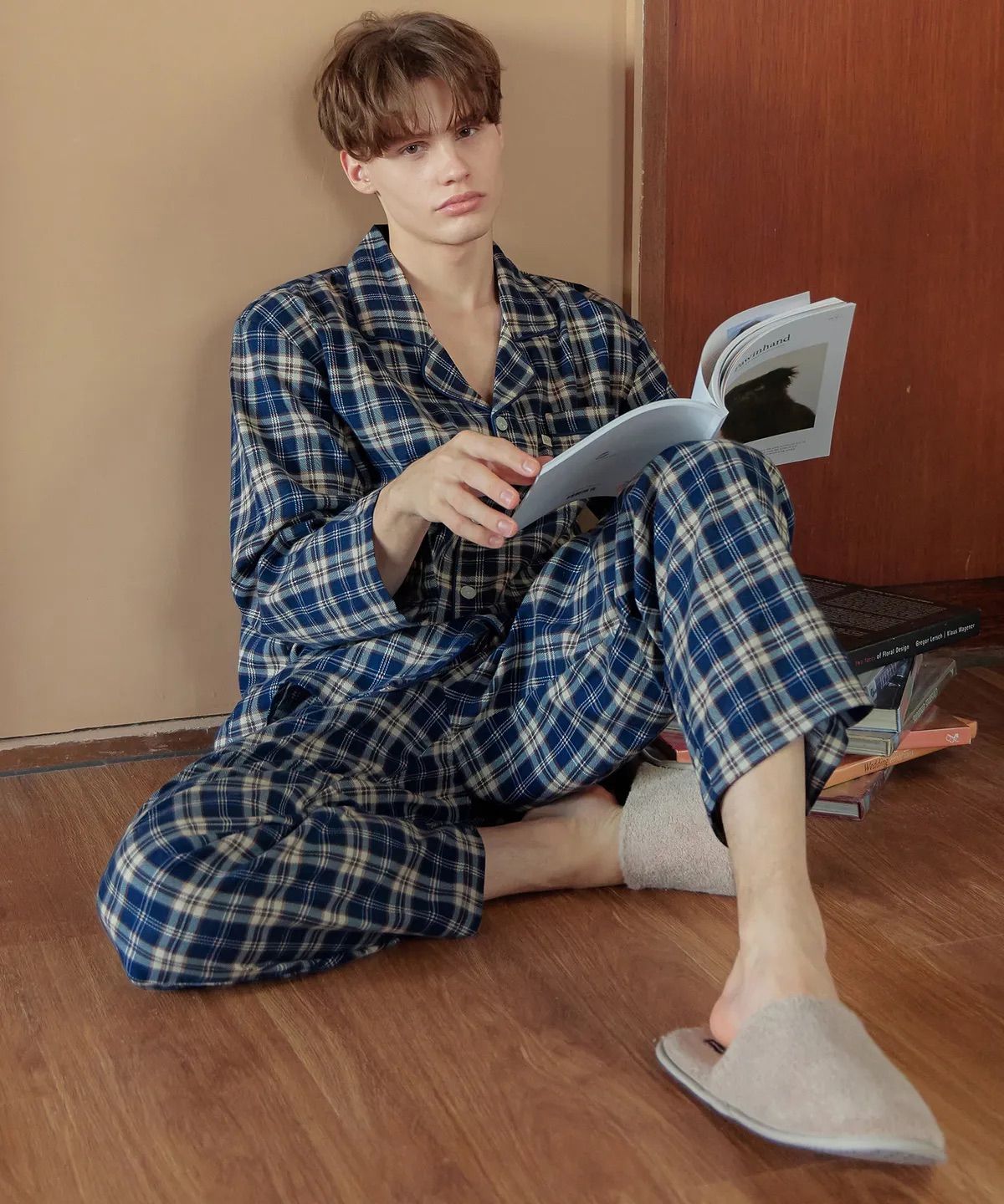 네이비타탄체크 긴팔 약기모 순면 남성 빅사이즈 잠옷 세트