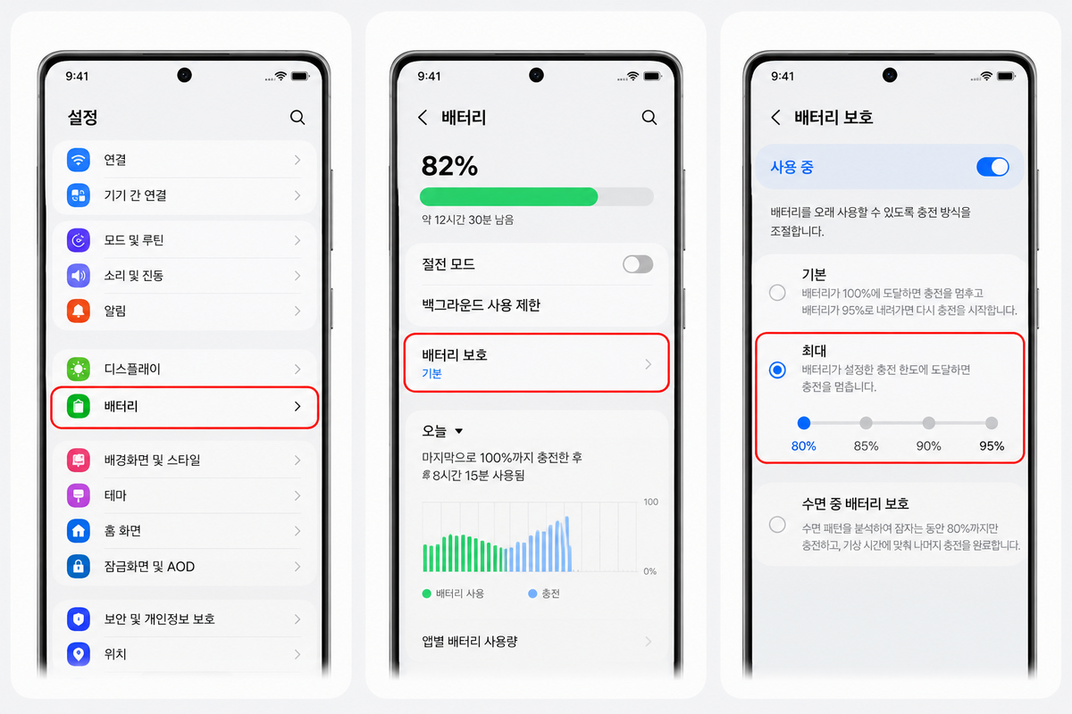 충전 상한을 설정할 수 있는 갤럭시 '배터리 보호'. / 이미지 출처: 생성형 AI
