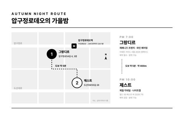 오후 7시 그랑디르에서 제철 코스와 와인 페어링을 즐긴 뒤 도보 약 5분을 걸어 오후 10시 제스트에서 칵테일로 마무리하는 가을밤 동선. / 이미지 출처: 원고 제공 인포그래픽