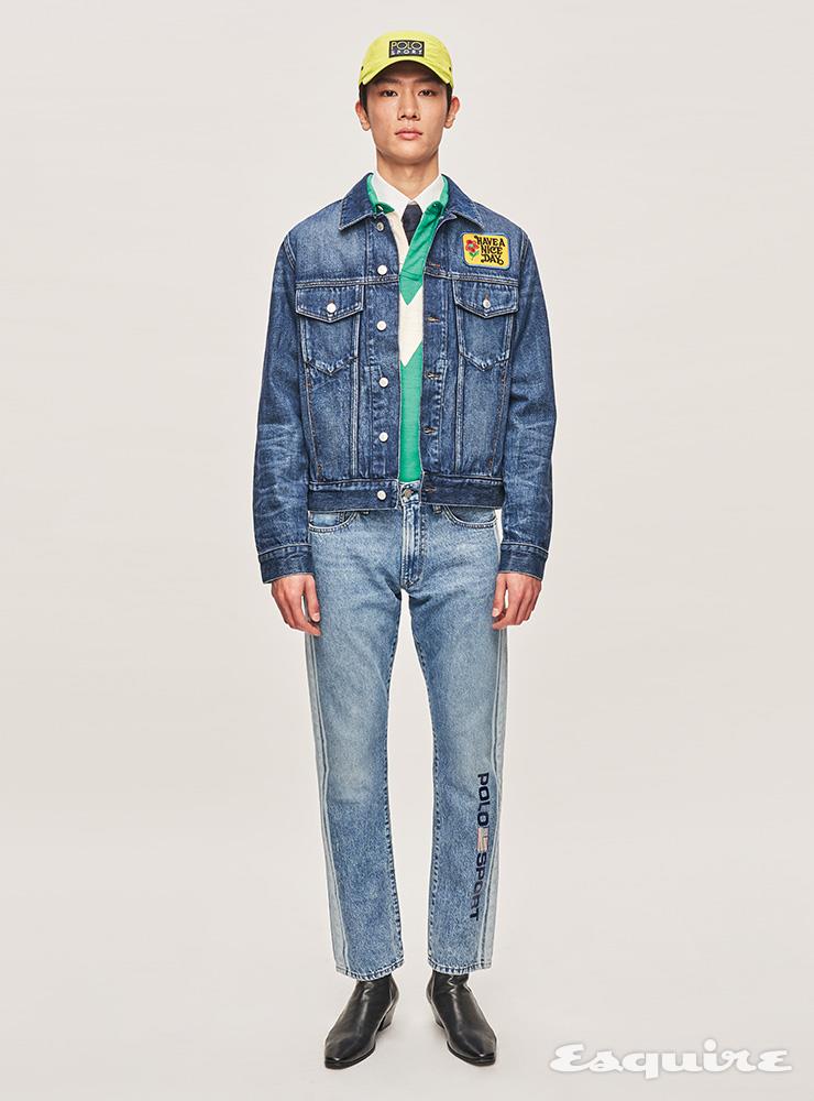 데님 재킷 34만9000원 산드로 옴므. 그린 럭비 셔츠 28만9000원 드레익스. 화이트 셔츠 39만원대 미스터 피 by 미스터포터. 데님 팬츠 21만9000원, 네온 캡 가격 미정, 니트 타이 가격 미정 모두 폴로 랄프 로렌. 첼시 부츠 가격 미정 생 로랑 by 안토니 바카렐로.