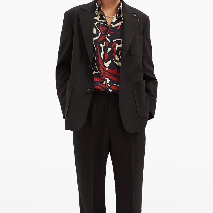 Patch pocket single-breasted wool suit jacket, $612 USD