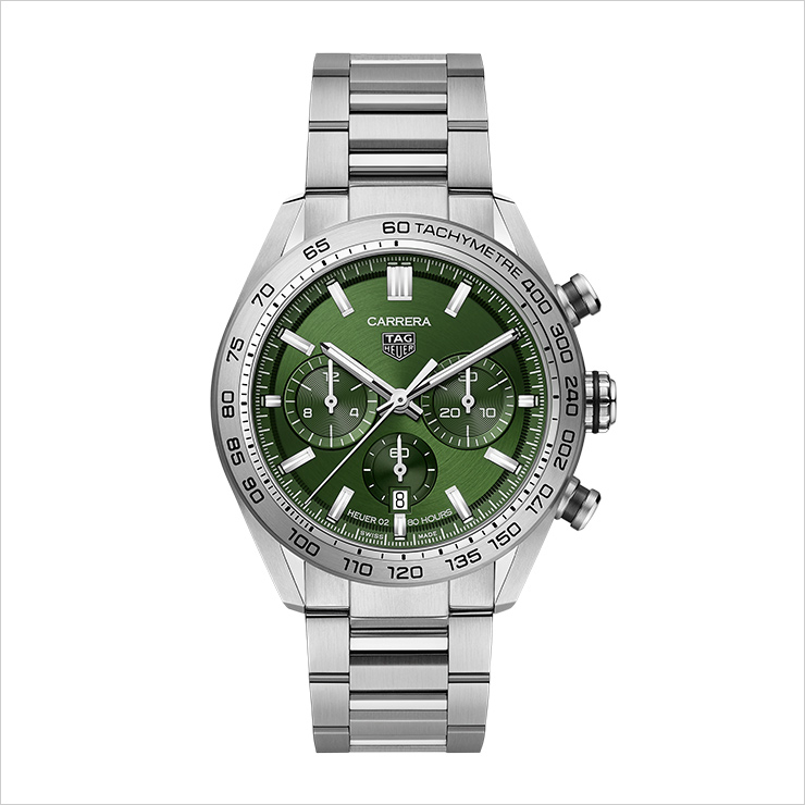 44mm 스틸 케이스, 스틸 베젤, 그린 다이얼 오토매틱 무브먼트 호이어02 80시간 파워 리저브 스틸 브레이슬릿 ₩7,250,000.