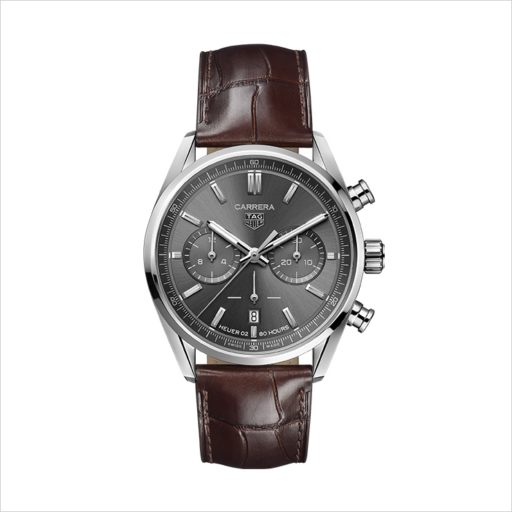 42mm 스틸 케이스, 그레이 다이얼 오토매틱 무브먼트 호이어02 80시간 파워 리저브 브라운 앨리게이터 스트랩 ₩6,740,000.