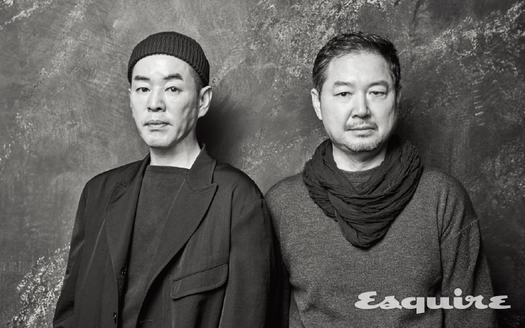 준지의 크리에이티브 디렉터 정욱준과 삼성전자 무선사업부 디자인팀장 강윤제. 행사가 열린 준지 도산 플래그십 스토어에선 2019 F/W 컬렉션을 만날 수 있었다.