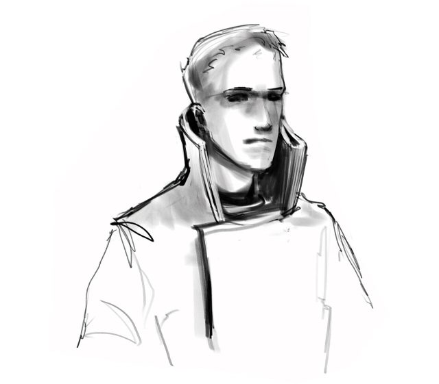 네 에이프릴의 스케치에서 높이올라온 코트 깃을 볼 수 있다.＇