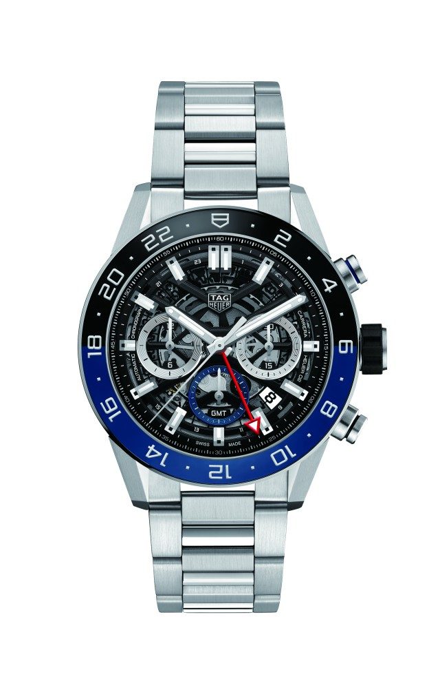 케이스 지름 45mm, 스테인리스스틸 케이스, 시·분·초, 두 번째 시간대 표시, 크로노그래프, 스테인리스스틸 브레이슬릿.