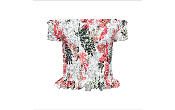 게스& 오프숄더 탑, $54 USD.