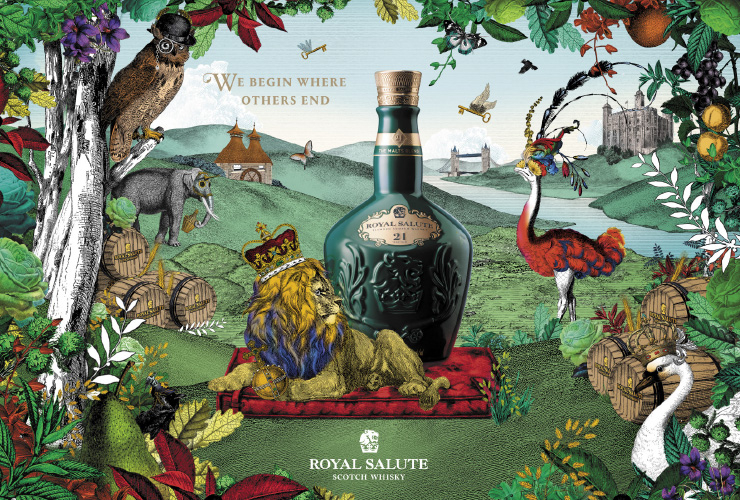 스코틀랜드 5개 지역을 대표하는 최소 21년 이상 숙성된 몰트 원액으로만 블렌딩한 ‘로얄살루트 21년 몰트’와 크리스트자나의 일러스트.
