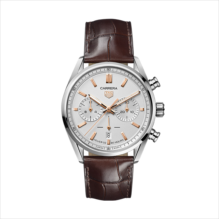 42mm 스틸 케이스, 실버 다이얼 오토매틱 무브먼트 호이어02 80시간 파워 리저브 브라운 앨리게이터 스트랩 ₩7,000,000.