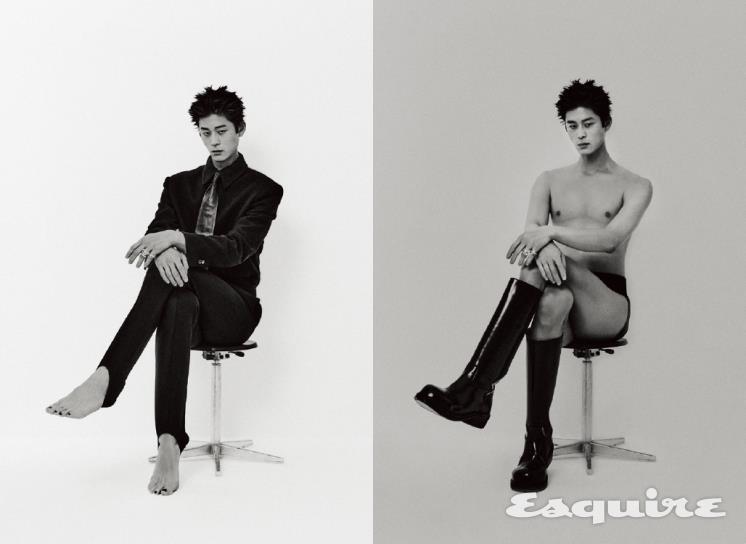 (LEFT) 셔츠, 팬츠, 타이 모두 가격 미정 보테가 베네타. 링 모두 스타일리스트 소장품. (RIGHT) 니트 브리프 가격 미정 릭 오웬스. 부츠 가격 미정 보테가 베네타. 링 모두 스타일리스트 소장품.