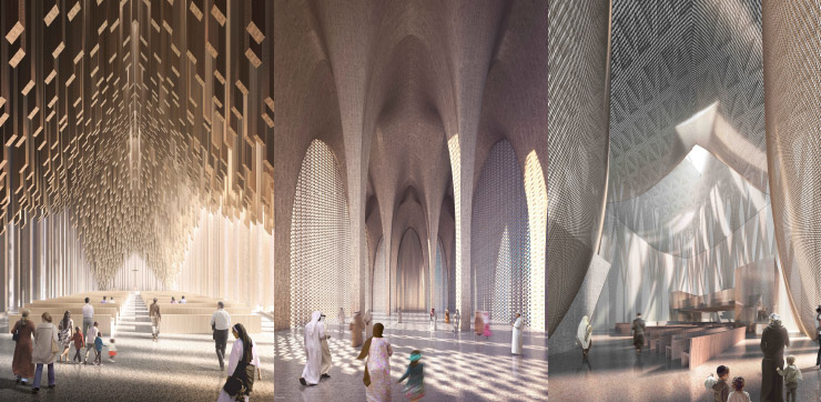 ⓒ Adjaye Associates 아브라함 가족의 집을 구성하는 세 건물의 내부 설계안. 기독교 교회(church), 이슬람 사원(mosque), 유대교회당(synagogue)이 하나의 단지를 이루는 형태다.