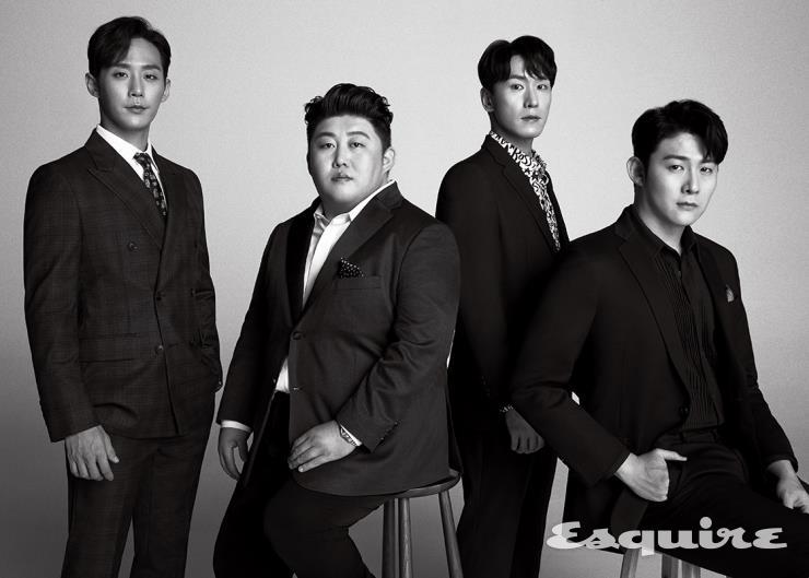 (왼쪽부터) 이충주 더블브레스트 슈트 송지오 옴므. 셔츠, 타이 스타일리스트 소장품. 안세권 턱시도 슈트, 셔츠 모두 본인 소장품. 조형균 싱글브레스트 슈트 스타일리스트 소장품. 셔츠 보스 맨. 김동현 싱글브레스트 슈트 브룩스 브라더스. 셔츠, 포켓 스퀘어 모두 스타일리스트 소장품.