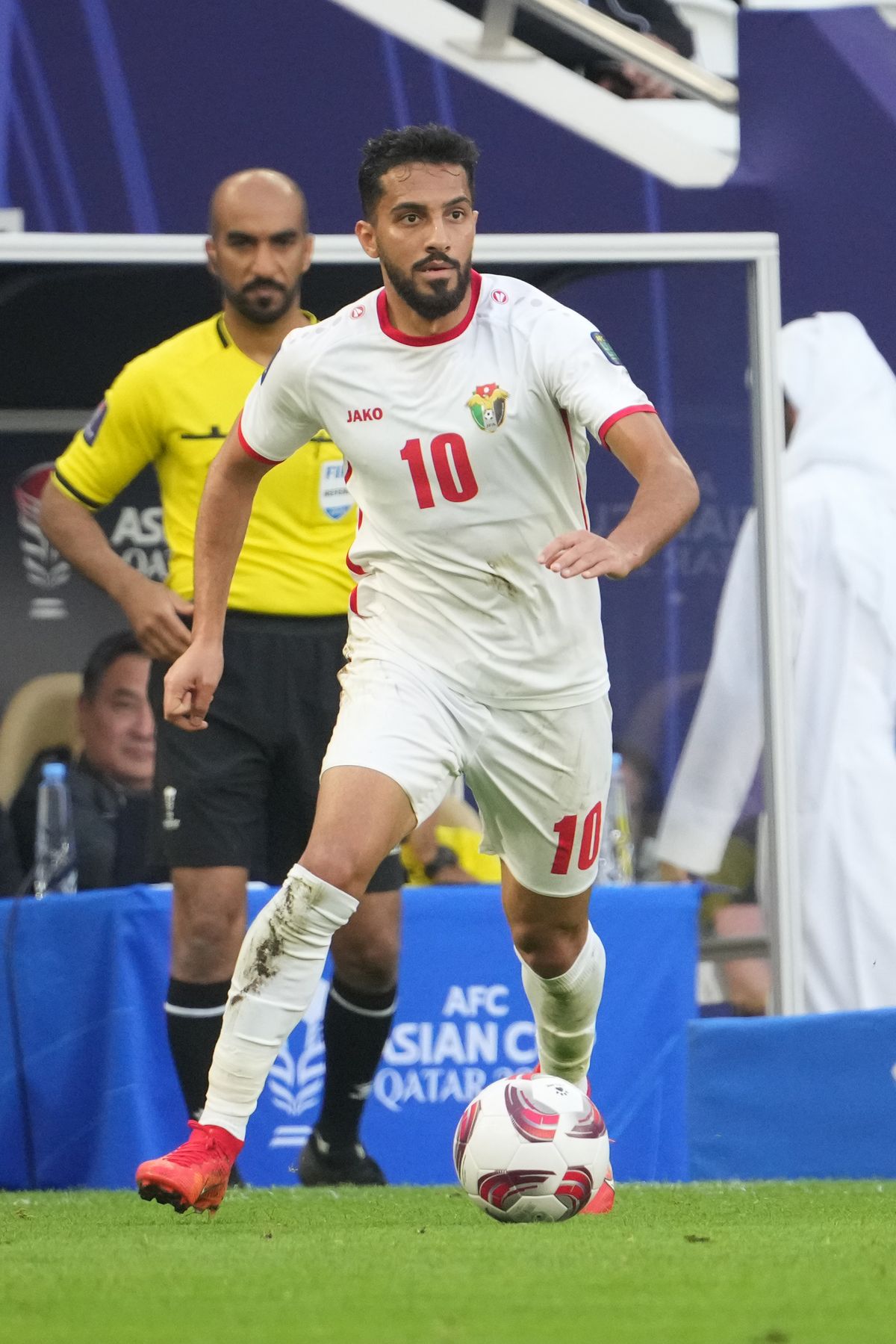 DOHA, QATAR - JANUARY 20: Mousa Al-Tamari of Jordan in action during the AFC Asian Cup Group E match between Jordan and South Korea at Al Thumama Stadium on January 20, 2024 in Doha, Qatar. (Photo by Masashi Hara/Getty Images)