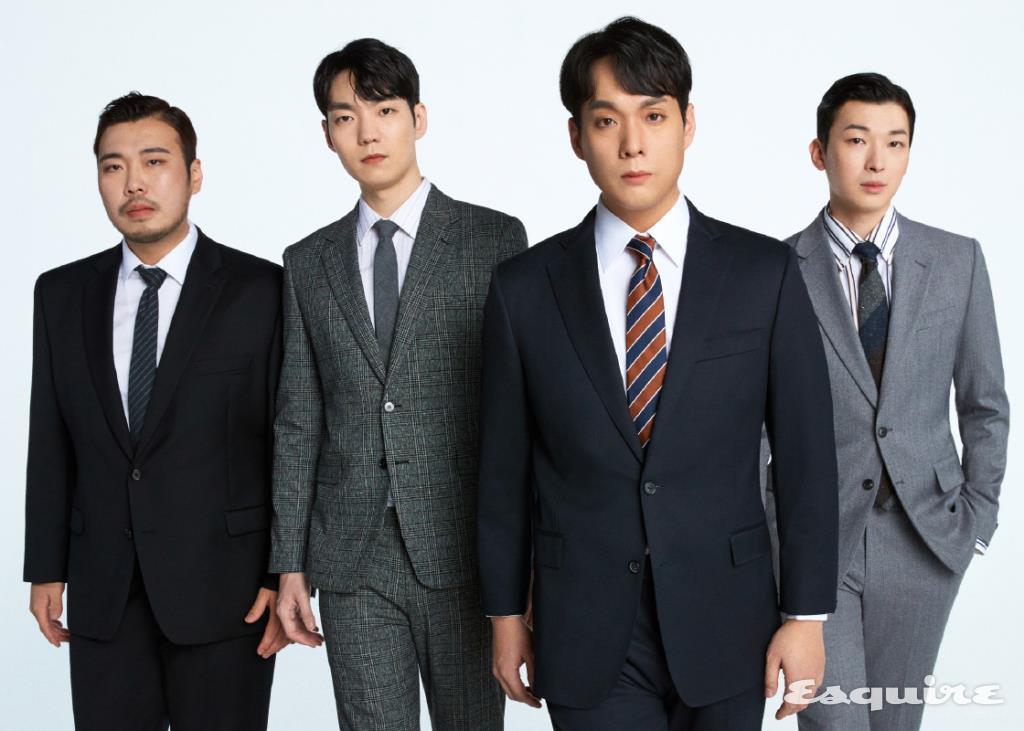 (왼쪽부터) 정필립 싱글브레스트 슈트, 셔츠 모두 본인 소장품. 타이 스타일리스트 소장품. 한태인 싱글브레스트 슈트 송지오 옴므. 셔츠 보스 맨. 타이 스타일리스트 소장품. 김주택 싱글브레스트 슈트, 셔츠 모두 브룩스 브라더스. 타이 스타일리스트 소장품. 박강현 싱글브레스트 슈트 송지오 옴므. 셔츠 브루넬로 쿠치넬리. 타이 스타일리스트 소장품.