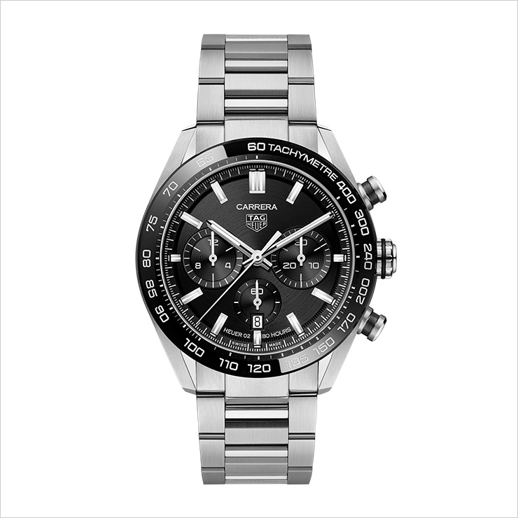 44mm 스틸 케이스, 블랙 세라믹 베젤, 블랙 다이얼 오토매틱 무브먼트 호이어02 80시간 파워 리저브 스틸 브레이슬릿 ₩7,250,000.