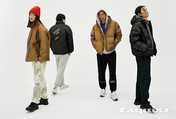 (왼쪽부터) WWFC 다이애그널 투 톤 패디드 재킷, 타이다이 조거 팬츠 모두 골스튜디오. 스니커즈, 비니 모두 에디터 소장품. WWFC 다이애그널 엠보 패디드 재킷, 골 니트 조거 팬츠 2.0 모두 골스튜디오. 스니커즈, 이어링 모두 에디터 소장품. WWFC 투 톤 다운 재킷, 시그너처 집업 후디, 파이핑 조거 팬츠 모두 골스튜디오. 블루 티셔츠, 스니커즈 모두 에디터 소장품. WWFC 엠보 다운 재킷, 나일론 메탈 믹스드 플리스 후디, 시그너처 우븐 조거 팬츠 모두 골스튜디오. 스니커즈 에디터 소장품.