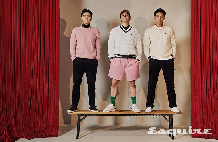 (이시언) 터틀넥 스웨터, 라운드 넥 스웨터, 코듀로이 치노 팬츠, 스니커즈 모두 라코스테. (기안84) 폴로셔츠, 스니커즈 모두 라코스테. 브이넥 스웨터, 코듀로이 캡 모두 라코스테 라이브. 버뮤다 팬츠, 삭스는 모두 라코스테 패션쇼 컬렉션. (성훈) 폴로셔츠, 케이블 라운드 넥 스웨터, 코듀로이 치노 팬츠, 스니커즈 모두 라코스테.